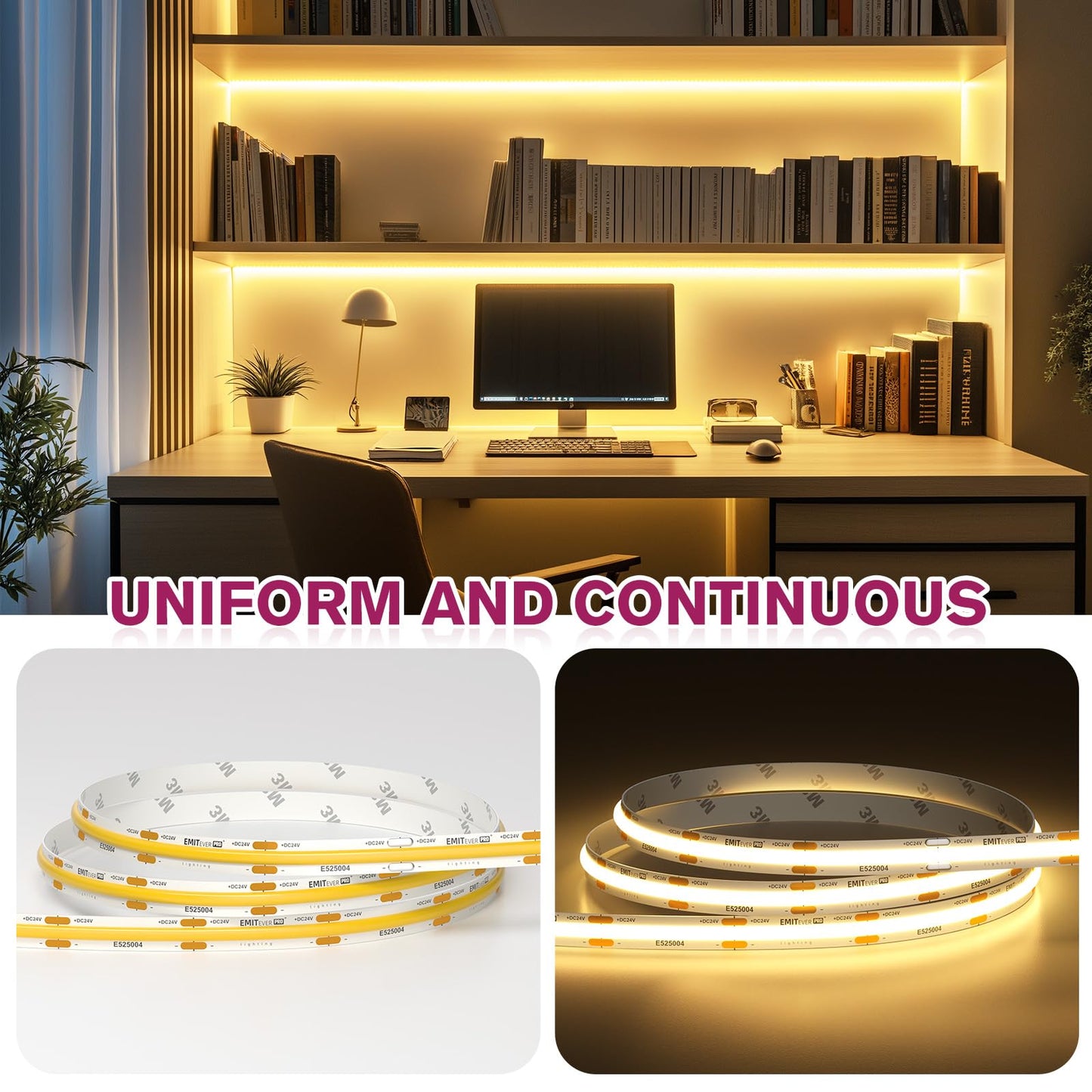 EMITEVER COB LED Strip Lights Warm White, 3000K Tape Light Premium High Density, DC 24V, 400+Lumens/ft, 5120LEDs/Spool, Ra 90+, 32.8ft/10m, UL Listed 5 Year After-Service(Power Supply Sold Separately)