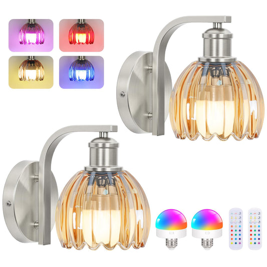 Rechargeable Battery Operated Wall Sconce Set of Two with Amber Glass Lampshade, Wireless Wall Scone Decor with Remote Control, 15 Colors Brushed Nickle Wall Light for Bedside Hallway Bedroom Doorway