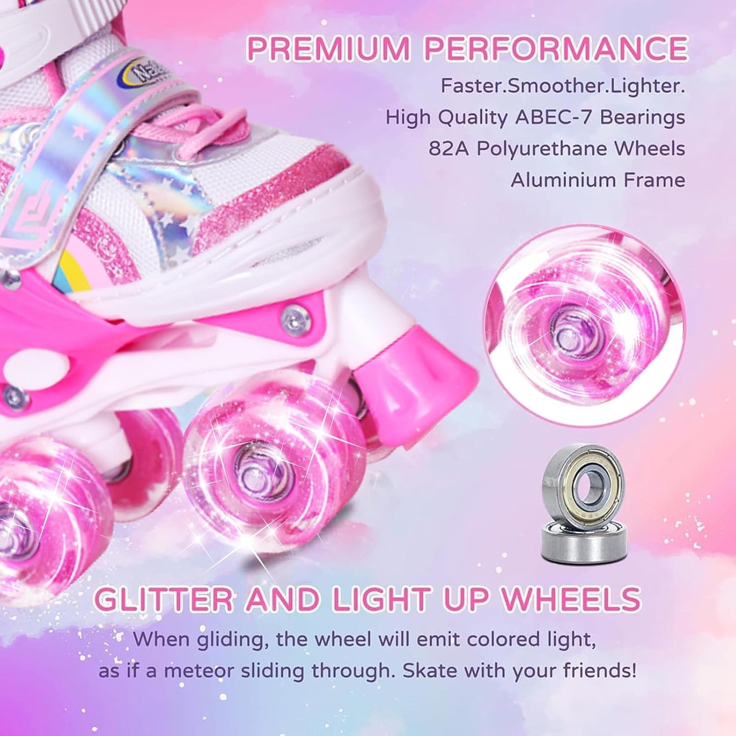 Nattork Girls Roller Skates - Adjustable Rainbow Quad Skates with Light-Up Wheels | Perfect Birthday Gift