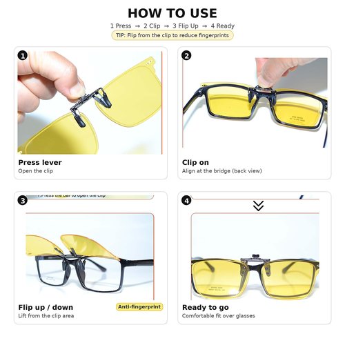 GLEXAL Night Vision Clip-On Sunglasses For Driving, Anti-Blue Light, Flip-Up Sun Shades - Unisex - Fits Over Prescription Glasses