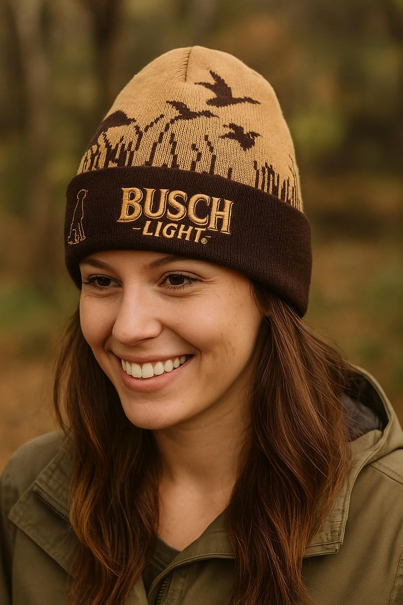 Calhoun Busch Light Hunting Beanie – Warm Knit Winter Hat with Dog & Duck Design for Outdoor Enthusiasts Brown
