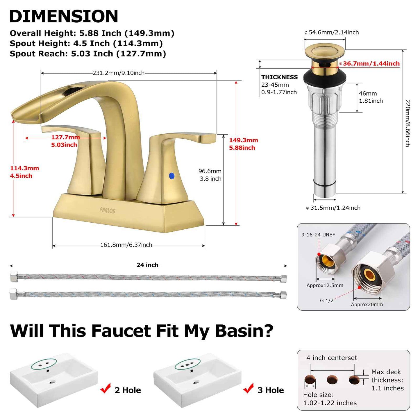 PARLOS 2 Handles Waterfall Bathroom Faucet with Metal Pop-up Drain and Faucet Supply Lines, Brushed Gold, Doris 1406808