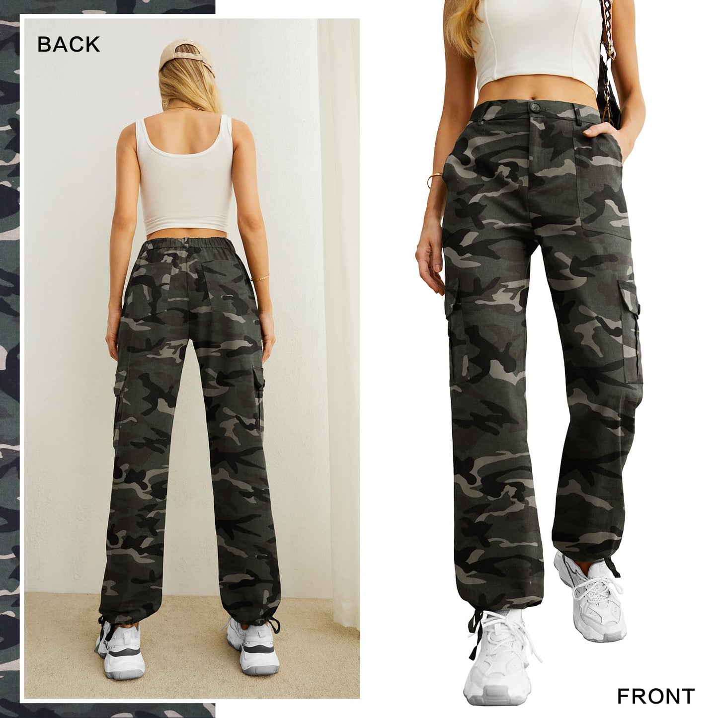 Women's High Waist Camo Cargo Long Straight Pants Casual Hiking Sweatpants Y2K Streetwear
