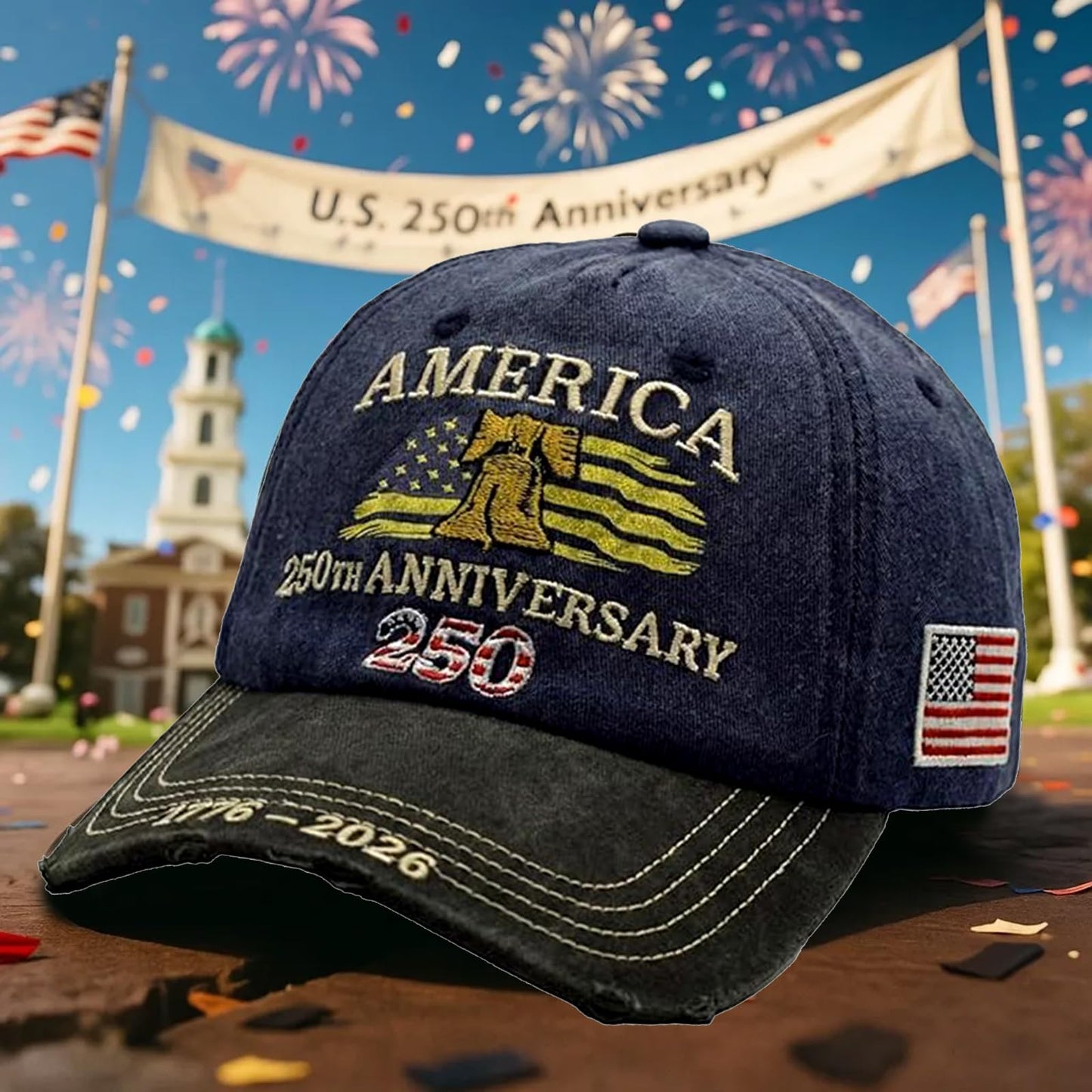permabloom 250th US 1776-2026 Anniversary Cap, Embroidered Adjustable Patriotic Baseball Hat for 4th of July Independence Day (Navy Blue)
