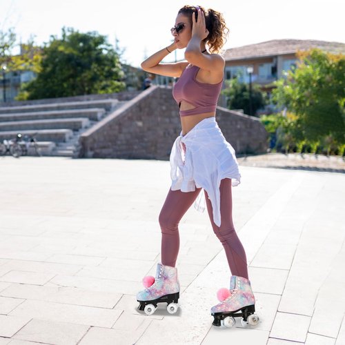 LEVYTEMP Roller Skates for Women, Men Light-Up Wheels Double-Row Rollerskates High-Top PU Leather Classic Designs Glitter Skate Shoes for Girls Beginners with a Shoes Bag Size 7 Indoor Outdoor