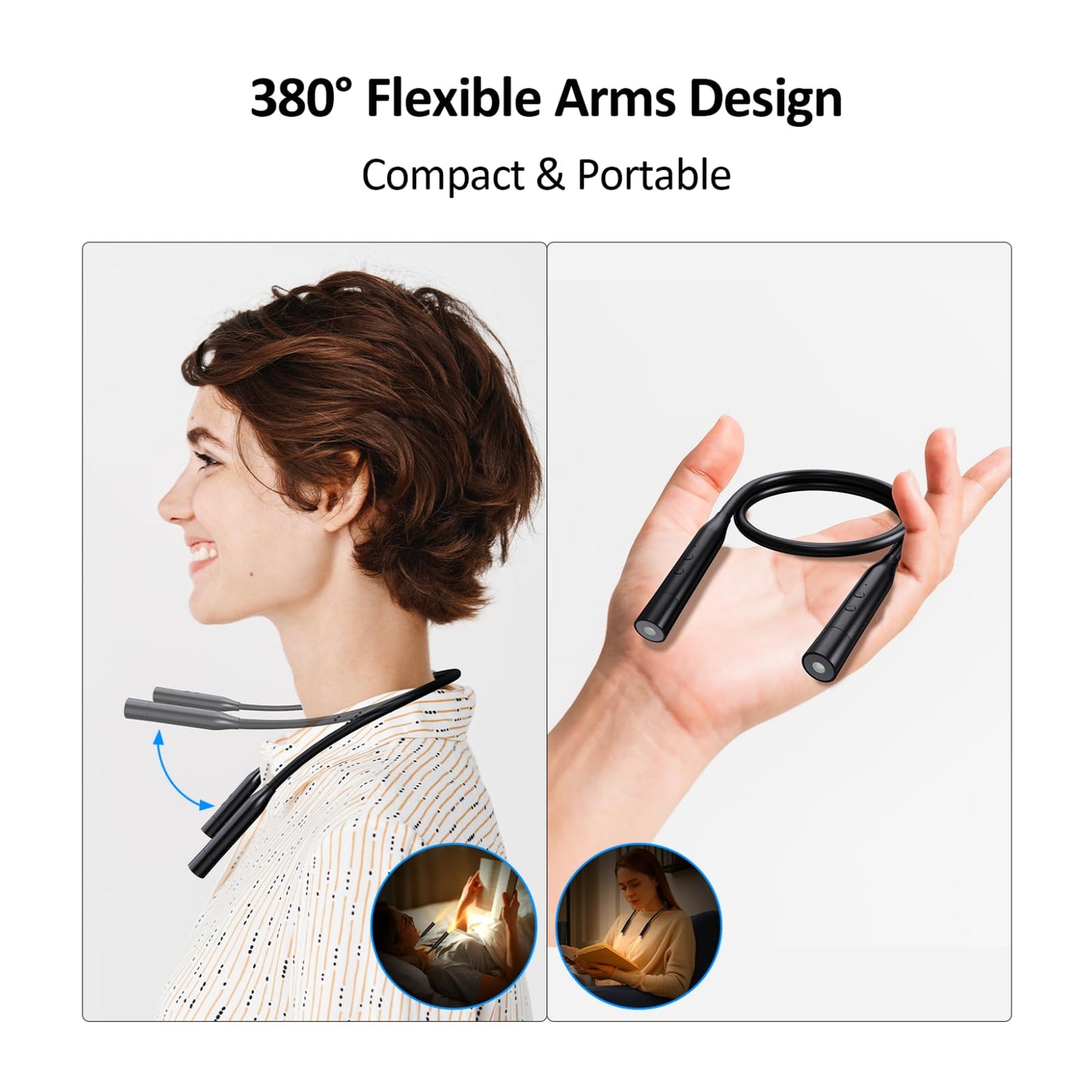 2 Pack Neck Book Lights, 3 Colors & 3 Brightness Levels, Flexible 380° Neck Light Rechargeable, LED Reading Lights for Books in Bed, 80 Hrs Lasting, Perfect for Reading, Knitting, Crafts, Repairs