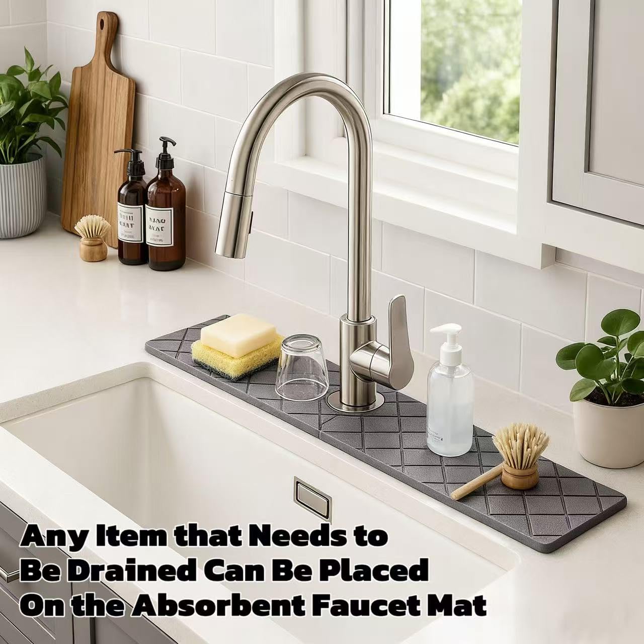 Stone Faucet Mat for Kitchen Sink & Stone Drying Tray for Bathroom, Ultra Fast Absorbing Mat Diatomaceous Earth, 2 Pieces Faucet Mat Together(23.6in * 4in) with a Rag, Stylish Home Gift(Gray)