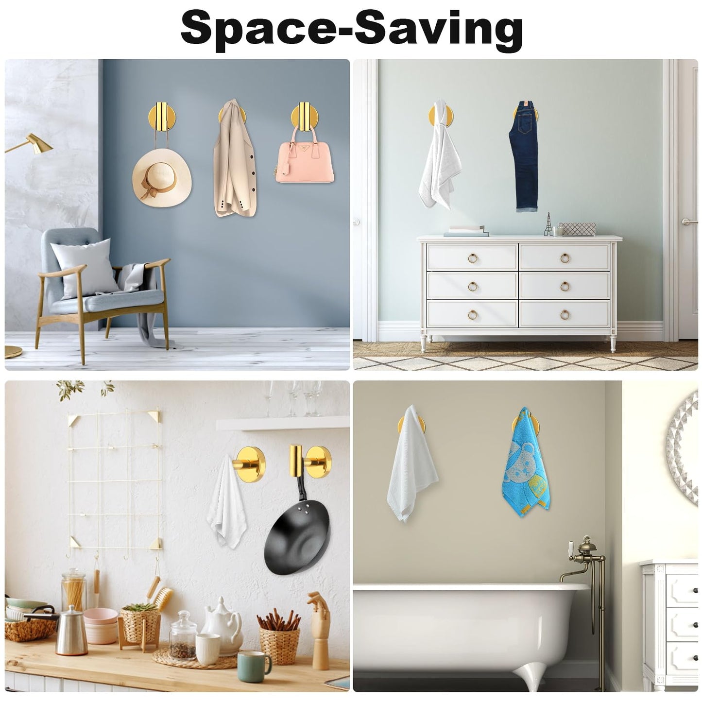 Bathroom Robe Towel Hooks Wall Hook Holder Heavy Duty Door Hanger Towel Robe Clothes Cabinet Closet Sponges Hook for Bathroom Bedroom Kitchen Hotel Pool 4 Packs(Bright Gold)