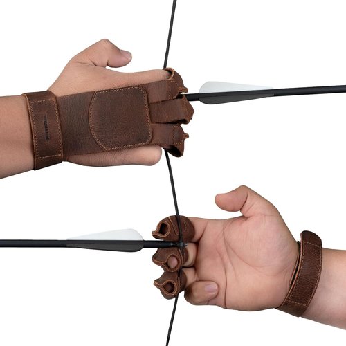 Archery Shooting Glove - Full Grain Leather Finger Protector for Recurve Bow | Handmade Bourbon Brown