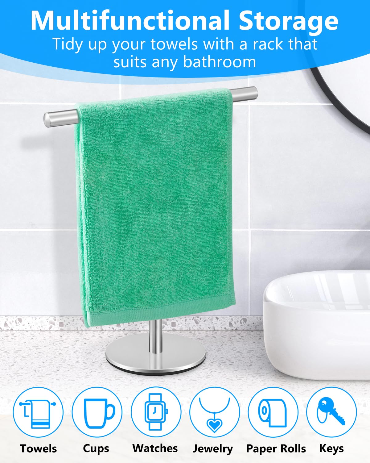 Standing Hand Towel Holder, T-Shape Towel Rack Stand, Stainless Steel Towel Bar for Bathroom Kitchen Vanity Countertop, Nickel