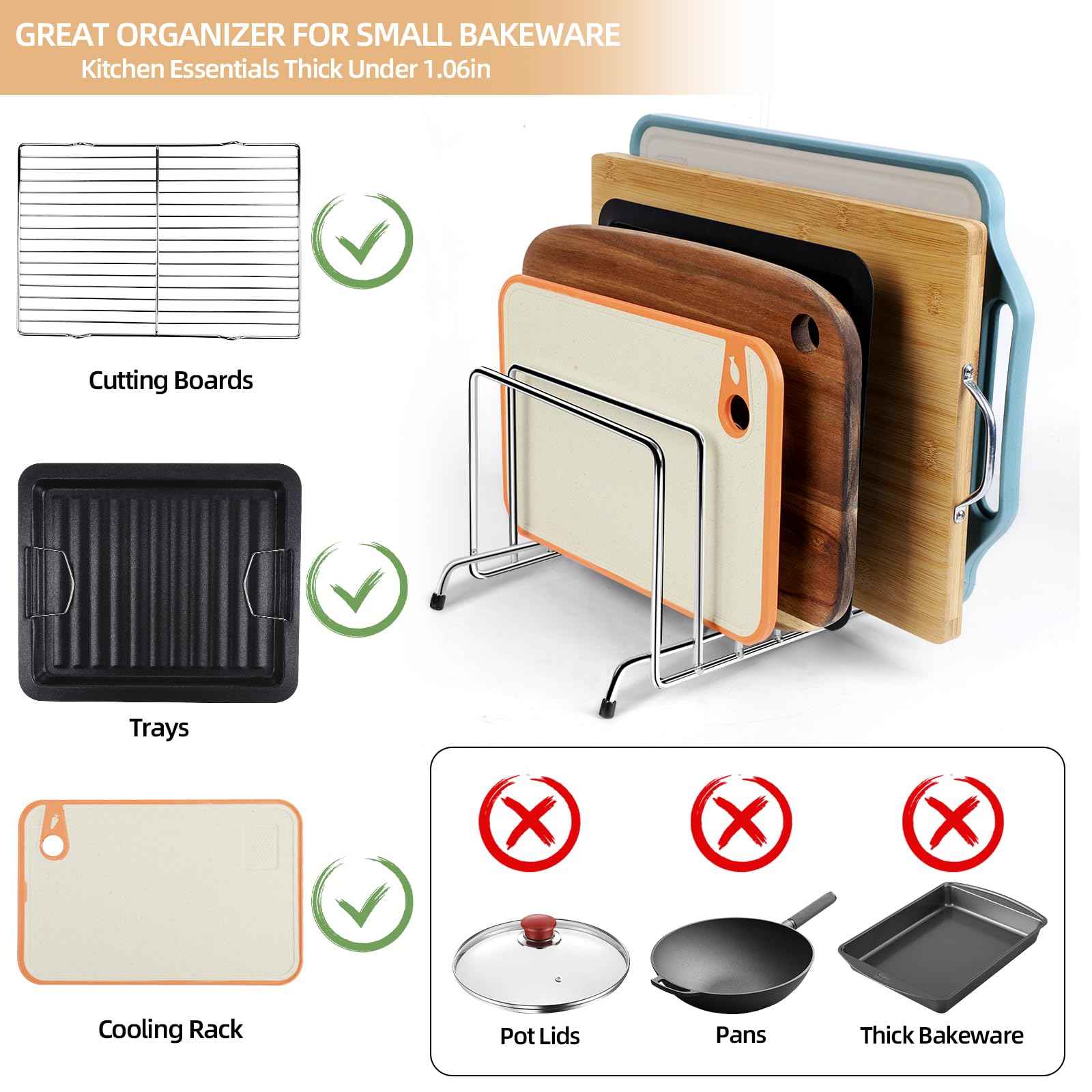 6 Slot Stainless Steel Heavy Duty Cutting Board Organizer, Cutting board storage rack，Cutting Board Holder Baking Cookie Pan Sheets Cooling, kitchen organizers and storage,Cabinet countertop organizer