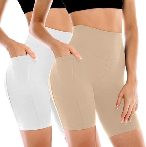 Leafigure High Waisted Biker Shorts - 2 Pack with Pockets for Yoga, Running & Gym Workouts