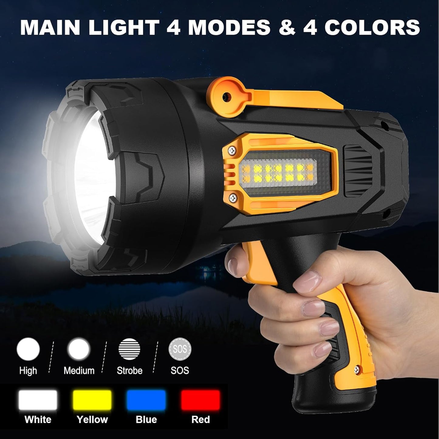 90,000 Lumens Rechargeable LED Spotlight with Tripod - Super Bright Outdoor Flashlight for Camping & Boating