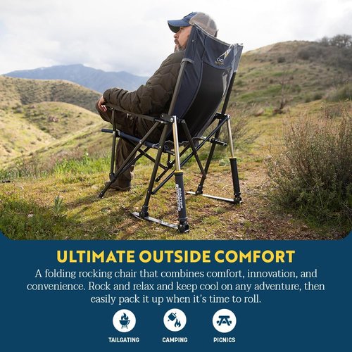 GCI Outdoor RoadTrip Rocker Camping Chair - Portable Folding Rocking Chair with Drink Holder & Durable Armrests - Indigo Blue