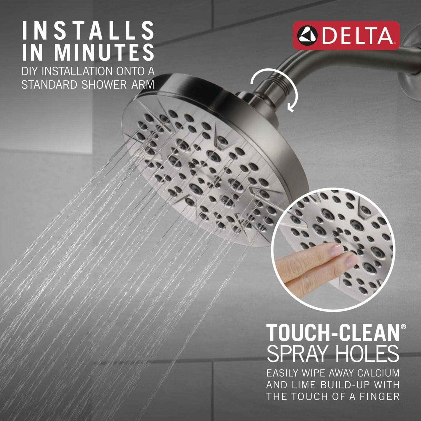 Delta 6-Setting Brushed Nickel Shower Head with High Pressure Spray, 6 Inch Round Shower Head, Showerheads, 1.75 GPM Flow Rate, Stainless 52535-SS