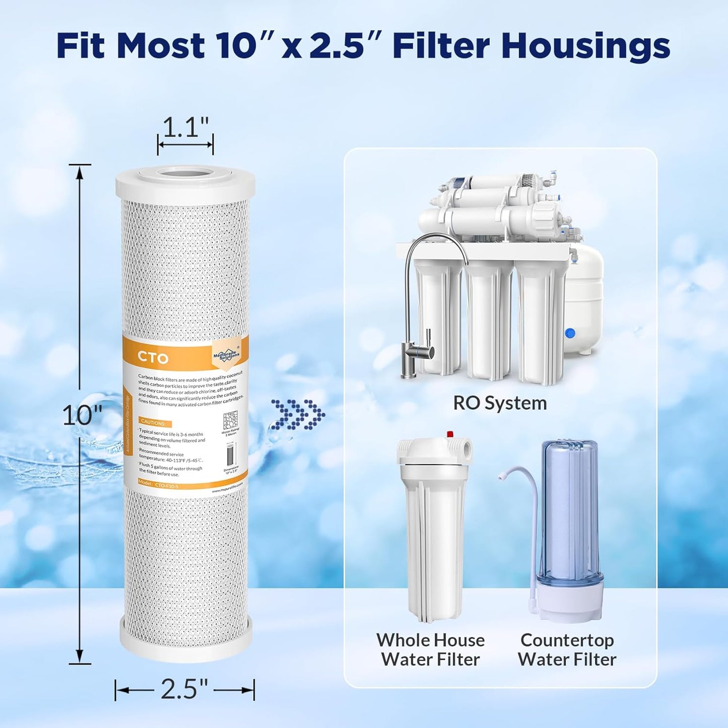 5 Micron CTO Carbon Block Water Filter Cartridge Replacement - 2.5" x 10" for Whole House Systems, 6-Pack