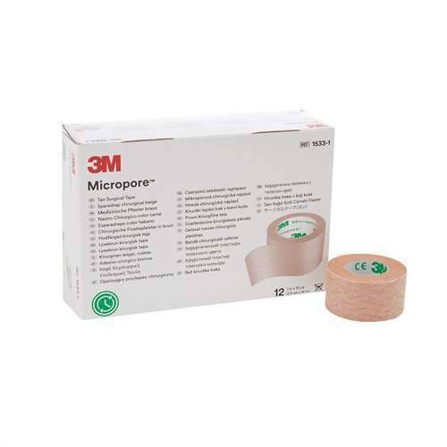 3M Microfoam Surgical Tape, Non-Sterile, Easy Tear Paper, Tan, 1 in x 10 yds, 12 Count