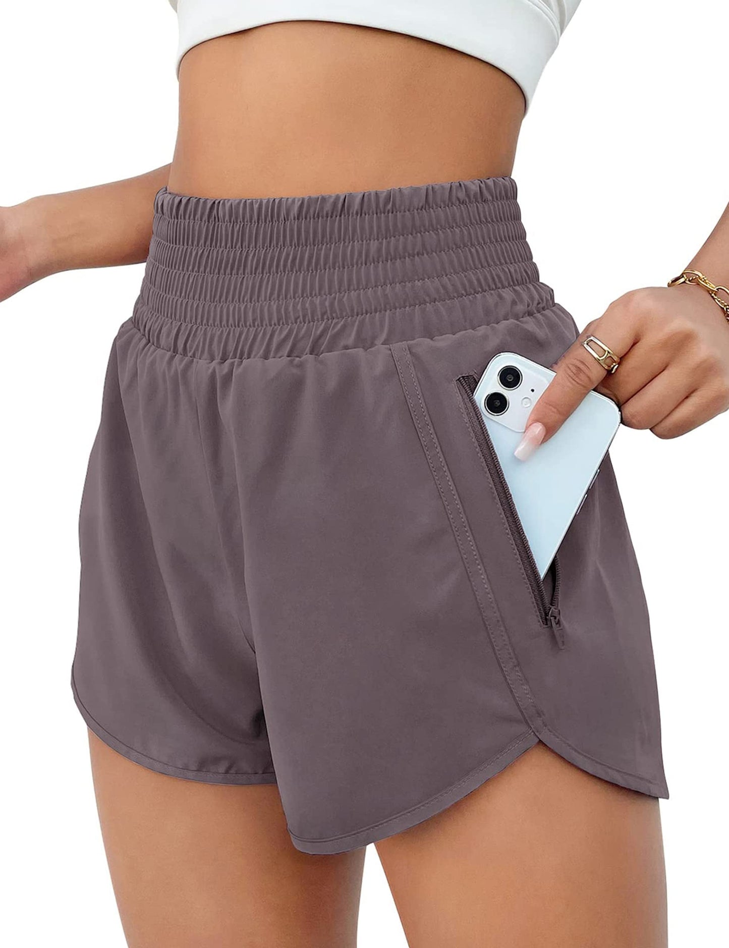 BMJL Women's Athletic Shorts High Waisted Running Short Pocket 2.5" Sporty Shorts Gym Elastic Workout Shorts(XXL,Coffee)