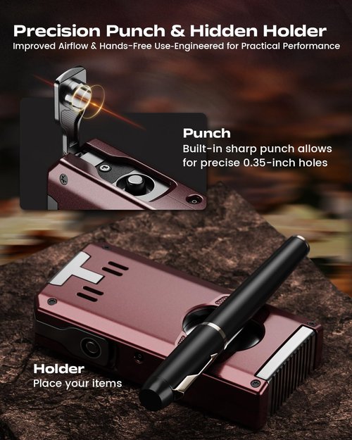 5-in-1 Torch Lighter with Straight & V Cut Cutter, Punch, Holder, Double Jet Flame Windproof Lighters, Butane Refillable Torch Lighters with Accessories Tool, for Men, Candles(Without Gas)
