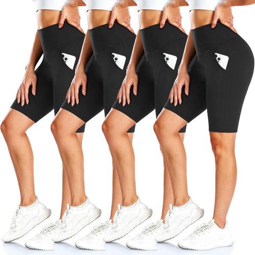 FULLSOFT Biker Shorts for Women - 4 Pack with Pockets | 8" High Waisted Tummy Control Yoga & Running Shorts