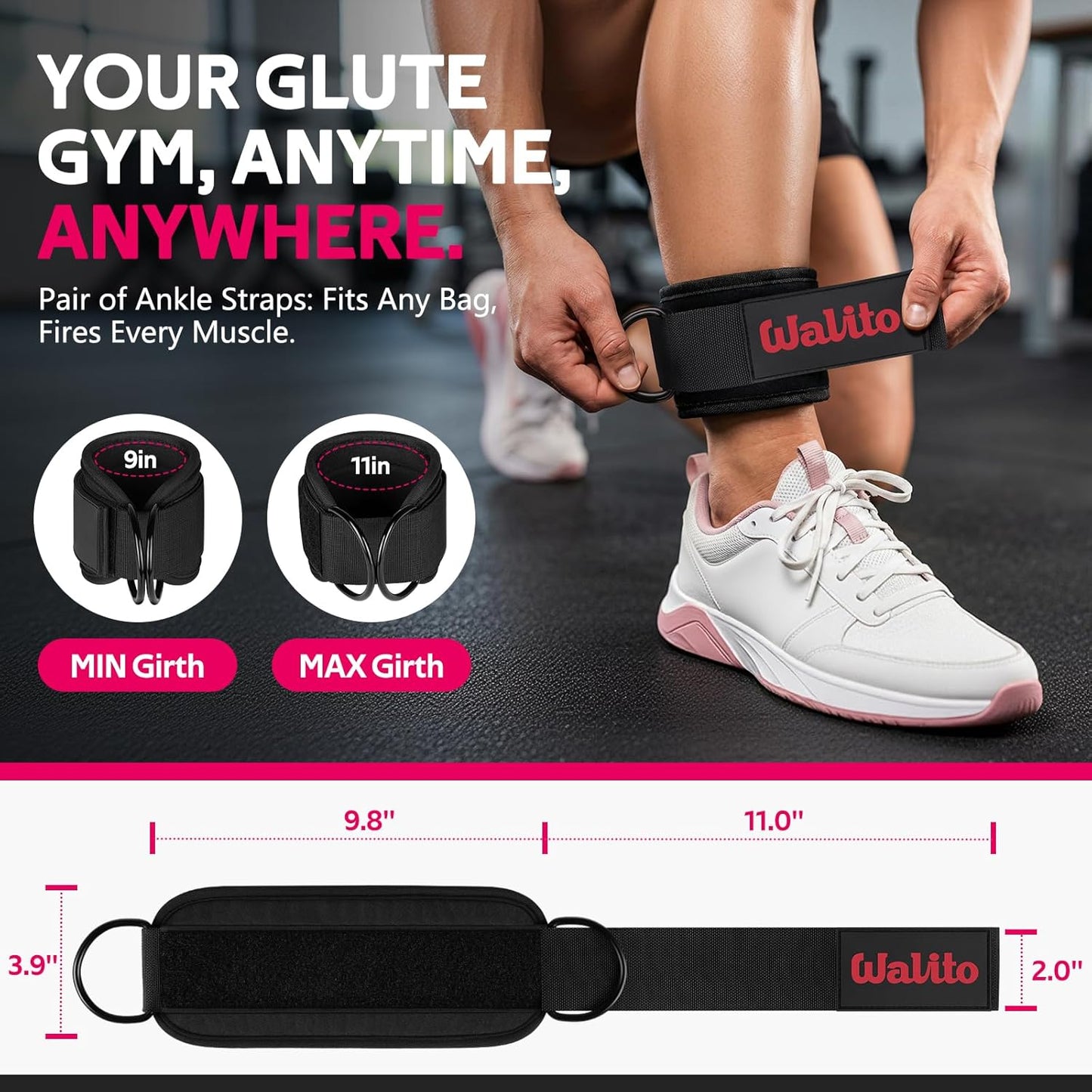 WALITO Gym Ankle Straps - Adjustable Cable Machine Accessories for Glute Kickbacks & Leg Workouts