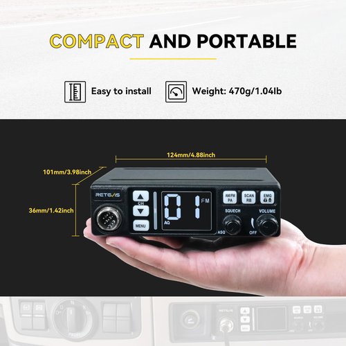 Retevis MB3 40-Channel AM/FM CB Radio Kit with Antenna, Full Set of Fixed-Mount Kit,ANL Noise Reduction, Emergency Channel 9/19, PA & VOX, Auto-Scan,External Speaker Jack,for Trucker Emergency