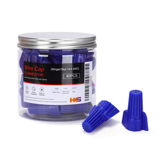 HKS 40 PCS Blue Wire Nuts - AWG 14-6 Winged Electrical Wire End Connectors - Twist-On Screw Caps Insulated Insertion with Spring Portable & Quick to Connect