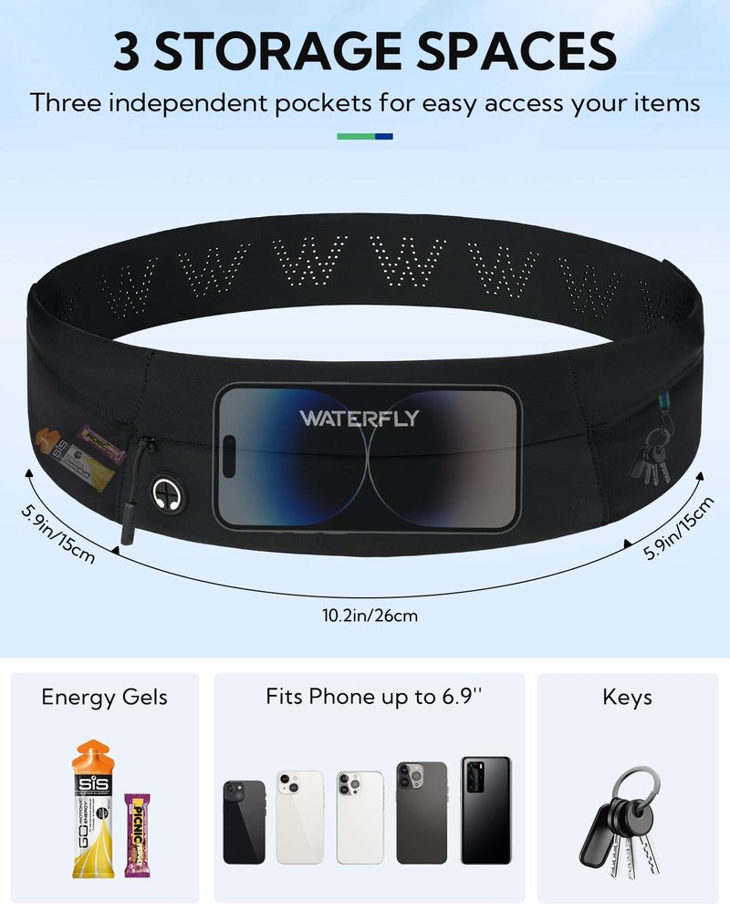 WATERFLY Running Belt Fanny Pack: Slim Waist Bag for Men Women, Workout Fitness Phone Holder for Exercise Marathon Jogging-Black