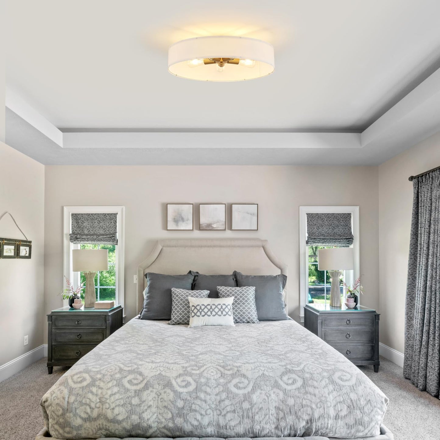 VILUXY Gold Semi-Flush Mount Ceiling Light Fixture with 24" Large White Fabric Drum Shade 5-Light for Bedroom Dining Room Entryway Round Ceiling Lamps