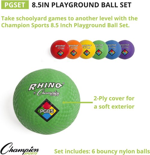 Champion Sports Rhino Playground Ball Set - Durable Two-Ply, Nylon Wound | 8.5" - Set of 6 Vibrant Colors