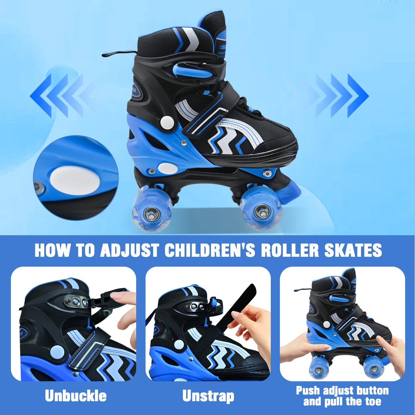 SMOOJOY Kids Roller Skates for Boys and Girls Adjustable Blue Black Skate with All Light up Wheels Ages 6-12 for Beginner in Outdoor Indoor Sports.