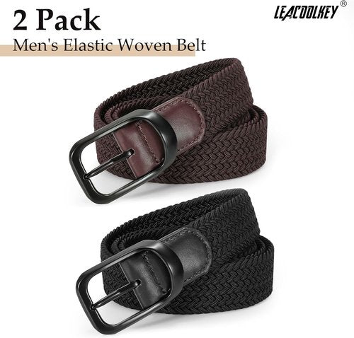 LEACOOLKEY Stretch Belts for Men - Elastic Woven Braided Design | 2 Pack Casual Golf Belts for Jeans