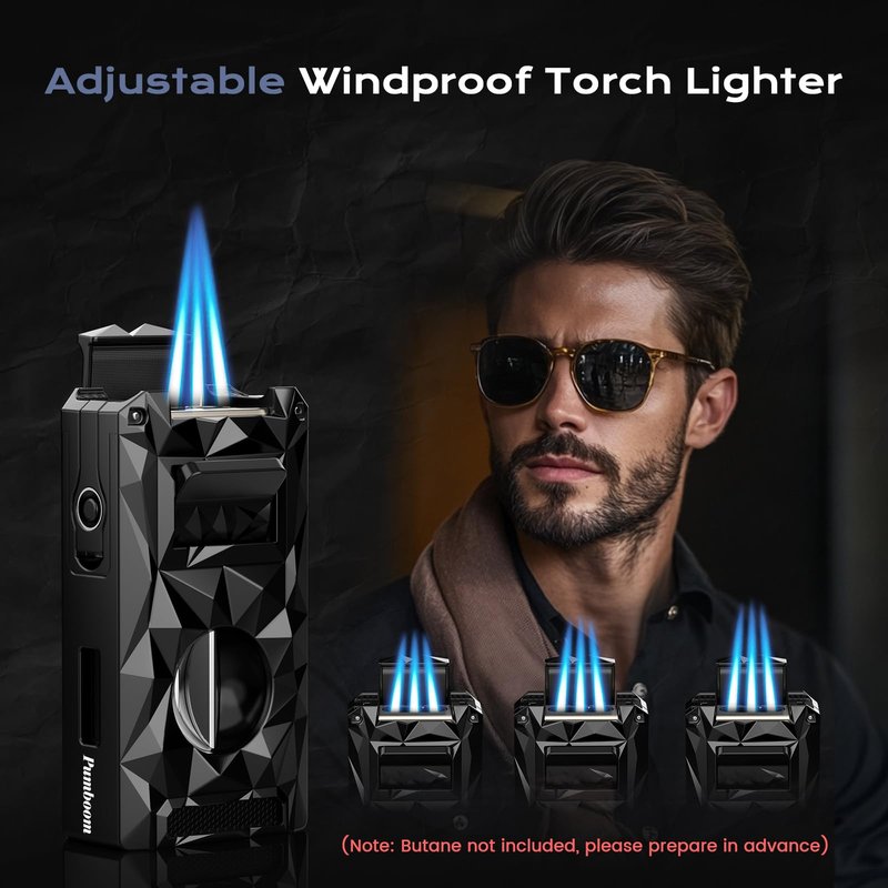 5-in-1 Windproof Lighter with Punch, Draw Enhancer, Holder, Triple Jet Flames and Tool, Butane Torch Lighter, Versatile Accessories for Travel, Candle, Lighter Gifts for Men (Without Butane)