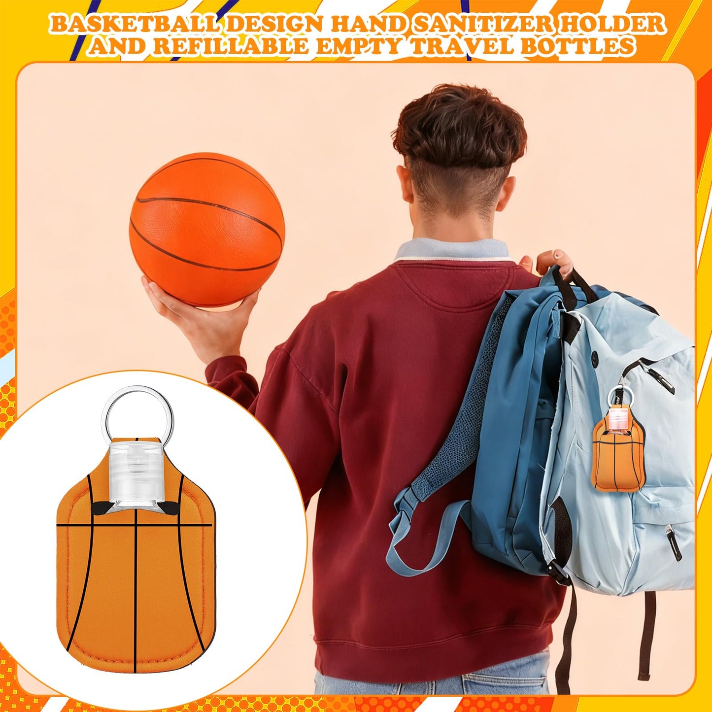 Kigeli 24 Set Softball/Basketball/Baseball/Soccer Hand Sanitizer Keychain Holders Bottle Team Gifts Empty Sports Party Favor(Basketball)