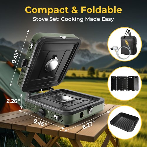 Camping Stove, 2 Burner Propane Stove With Grill,17,000 BTU Camp Stove, Foldable Camping Stove Propane Includes Carry Bag,Windscreen & Grill,Adjustable Burners & Piezo Ignition for Tailgating,BBQ,Camp