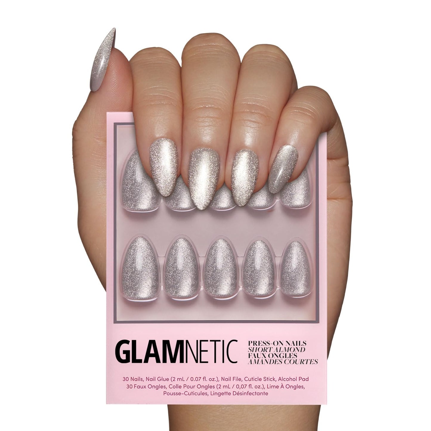 Glamnetic Press On Nails - Oslo | Short Almond Silver Shimmer Fake Nails with a Cat Eye Finish | 15 Sizes - 30 Nail Kit with Glue