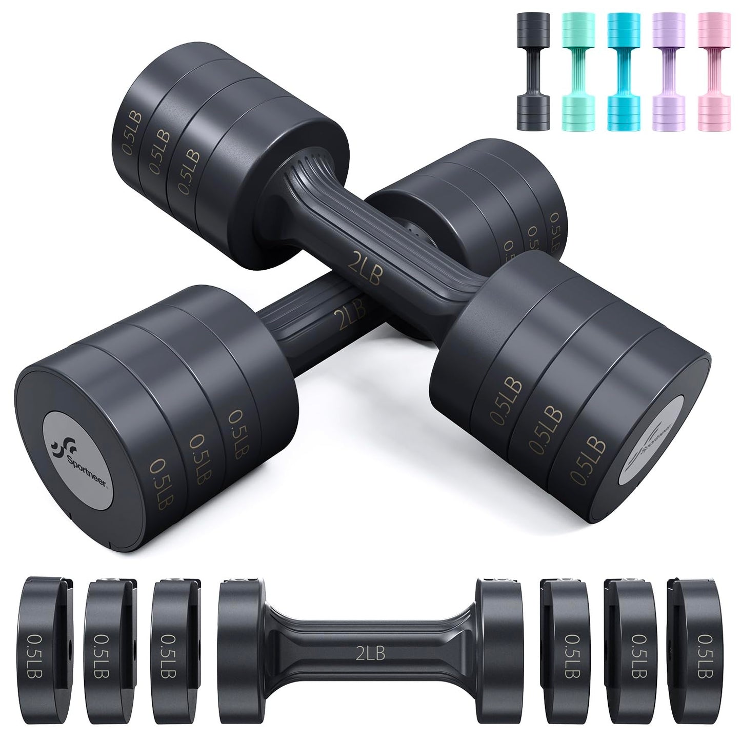 Sportneer - Adjustable Hand Weights Set - 5 lbs dumbbells, 2 pieces each 2 lbs, 3 lbs, 4 lbs, 5 lbs, free weights, quick adjustable dumbbell set for women and