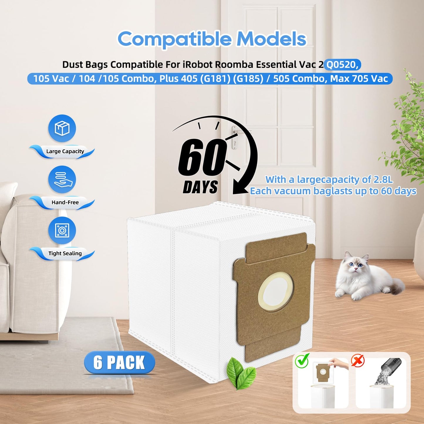 Dust Bags Compatible For iRobot Roomba Essential Vac 2 Q0520, 105 Vac / 104/105 Combo, Plus 405 (G181) (G185) / 505 Combo / 504 Vac, Max 705 Vac Robot Vacuum Cleaner, 6 Pcs