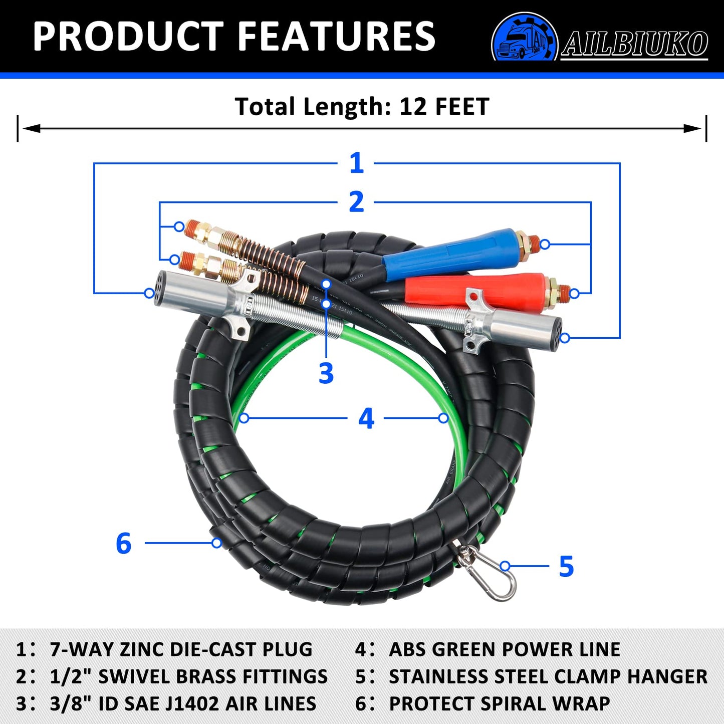 Ailbiuko Air Lines for Tractor Trailer, 12FT 3 in 1 Semi Truck Air Hose Kit ABS 7 Way Electrical Cable and Rubber Air Line Hose Wrap Assembly