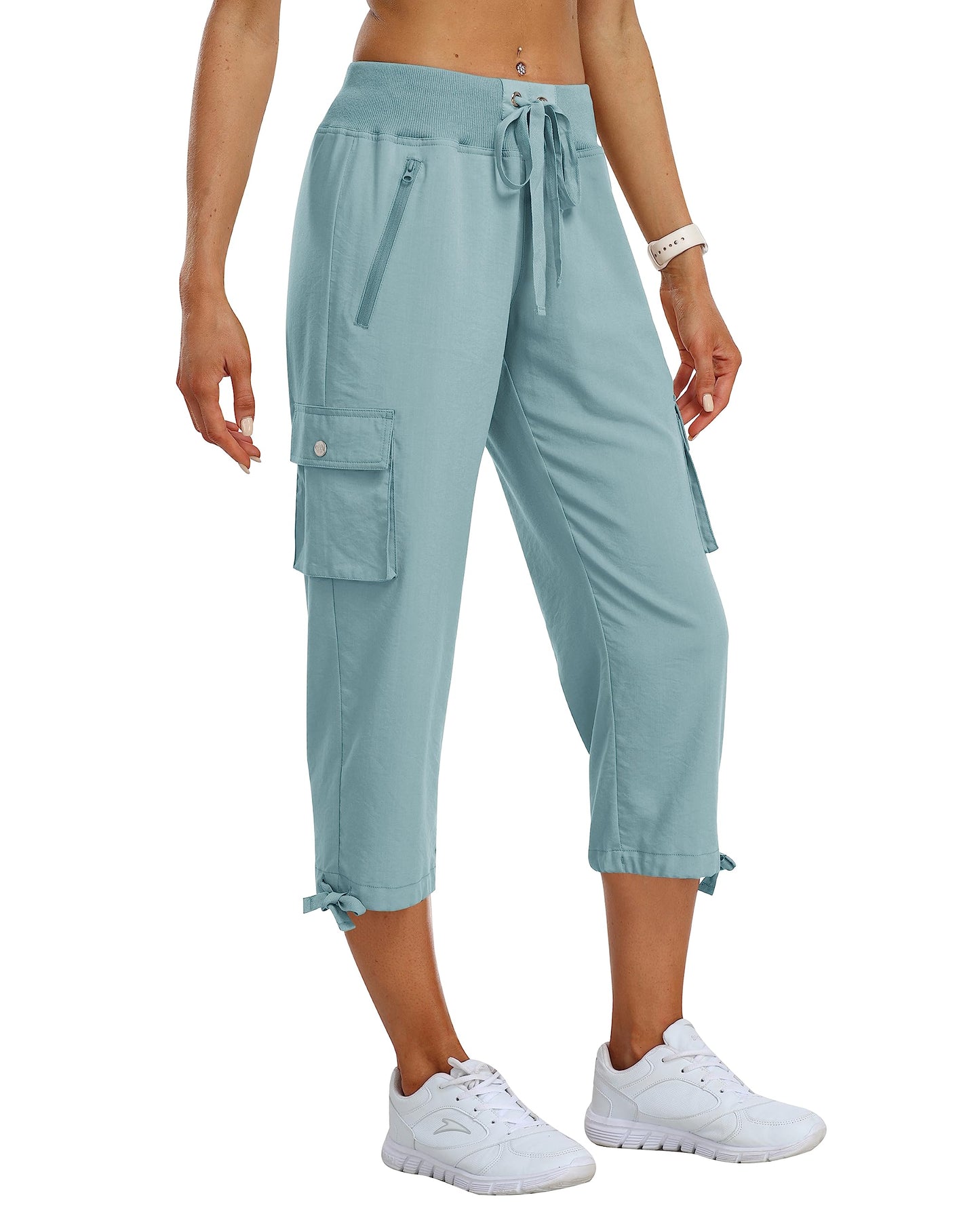 MoFiz Womes Capris Summer Cargo Hiking Pants Lightweight Quick Dry Running Athletic Shorts Casual Outdoor Zipper Pockets Dusty Blue S