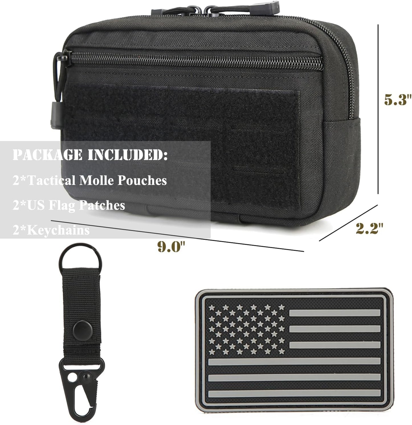 Skiennix Tactical Molle Admin Pouch - 2 Pack with US Flag Patch & Keychain | Utility EDC Tool Bag