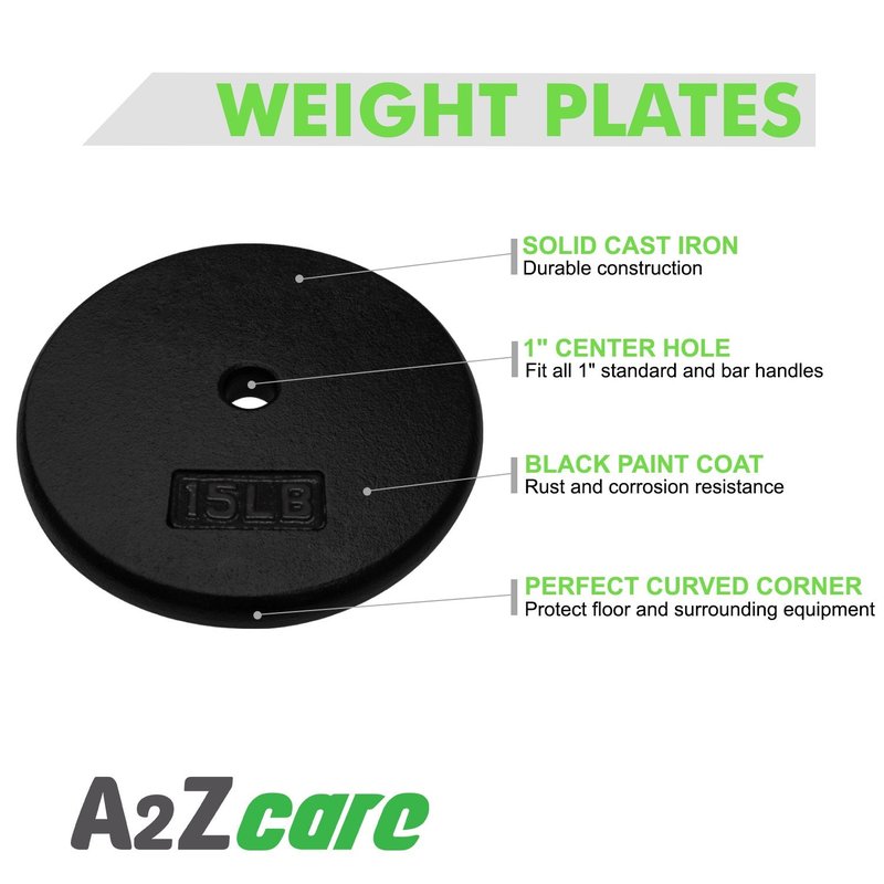 A2ZCARE Standard Cast Iron Weight Plates 1-Inch Center-Hole for Dumbbells, Standard Barbell 1.25, 2.5, 5, 10, 15, 20 lbs (15lbs (Single))