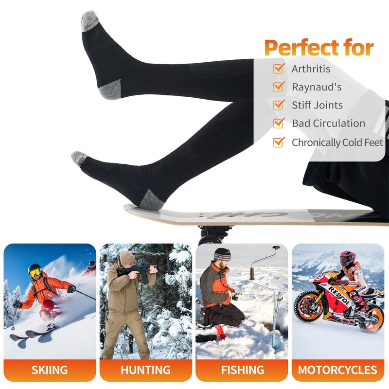 Heated Socks for Men & Women, Rechargeable Electric Thermal Socks with 5000mAh Curved Battery, 4 Heat Levels, Washable, Warm Winter Foot Warmers for Skiing, Hiking, Hunting, Outdoor Work (Black)