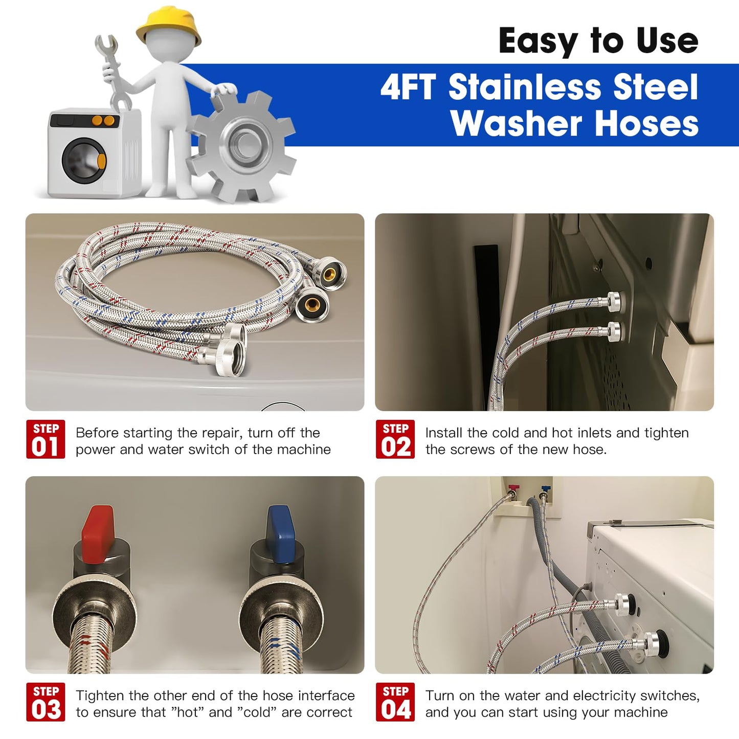 Gecyfit 4 FT Washing Machine Hoses, 2 Pack Premium Stainless Steel Washer Hose, Explosion-Proof Durable Hot & Cold Water Supply Lines, Perfect Fit Washer Connection Hoses for All Washing Machines