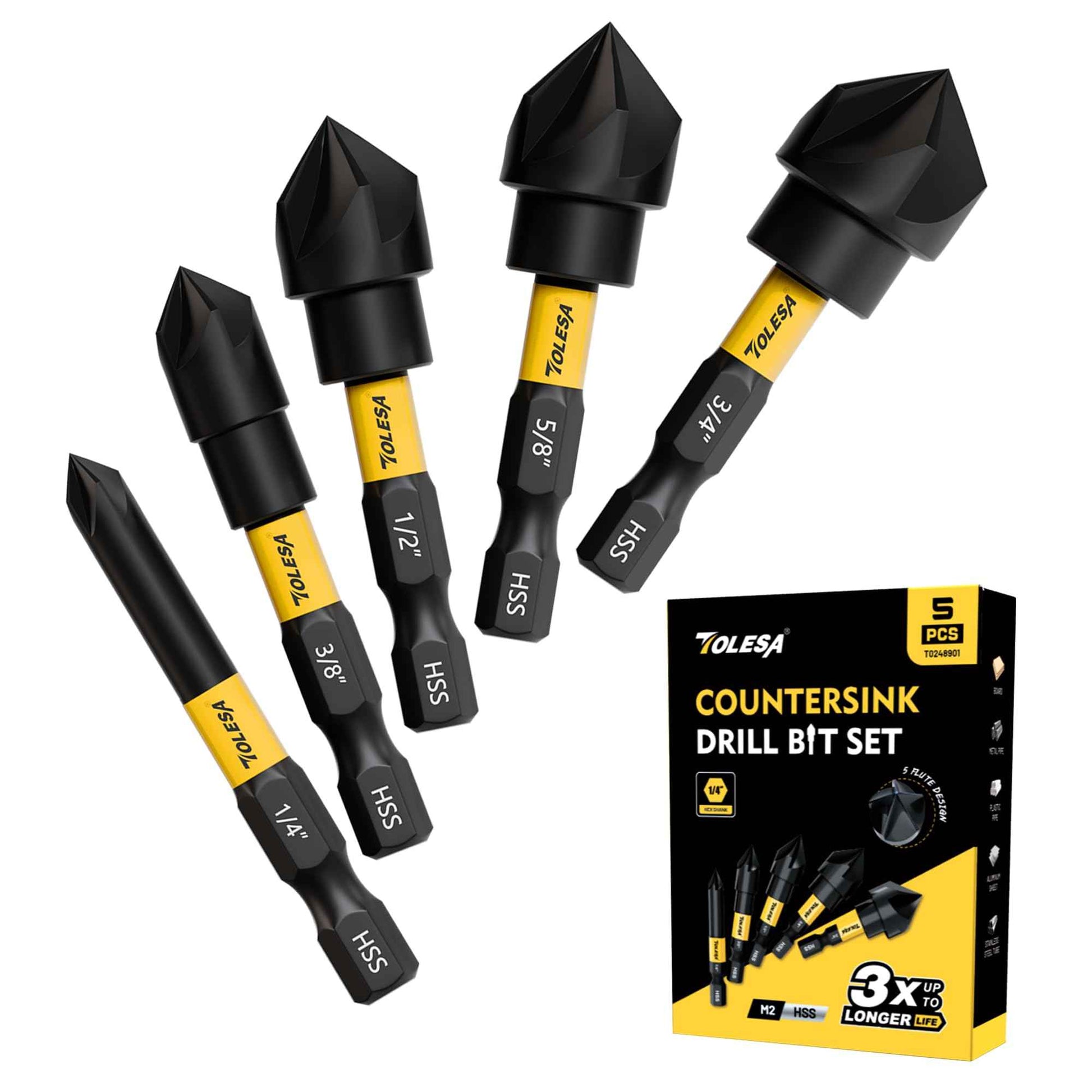 TOLESA 5PCS Countersink Drill Bit Set with 82 Degree 5 Flutes Design, Nitride Coating HSS 1/4" Hex Shank Counter Sink Drill Bit for Wood, Metal, Plastic in Size 1/4” 3/8” 1/2” 5/8” 3/4”