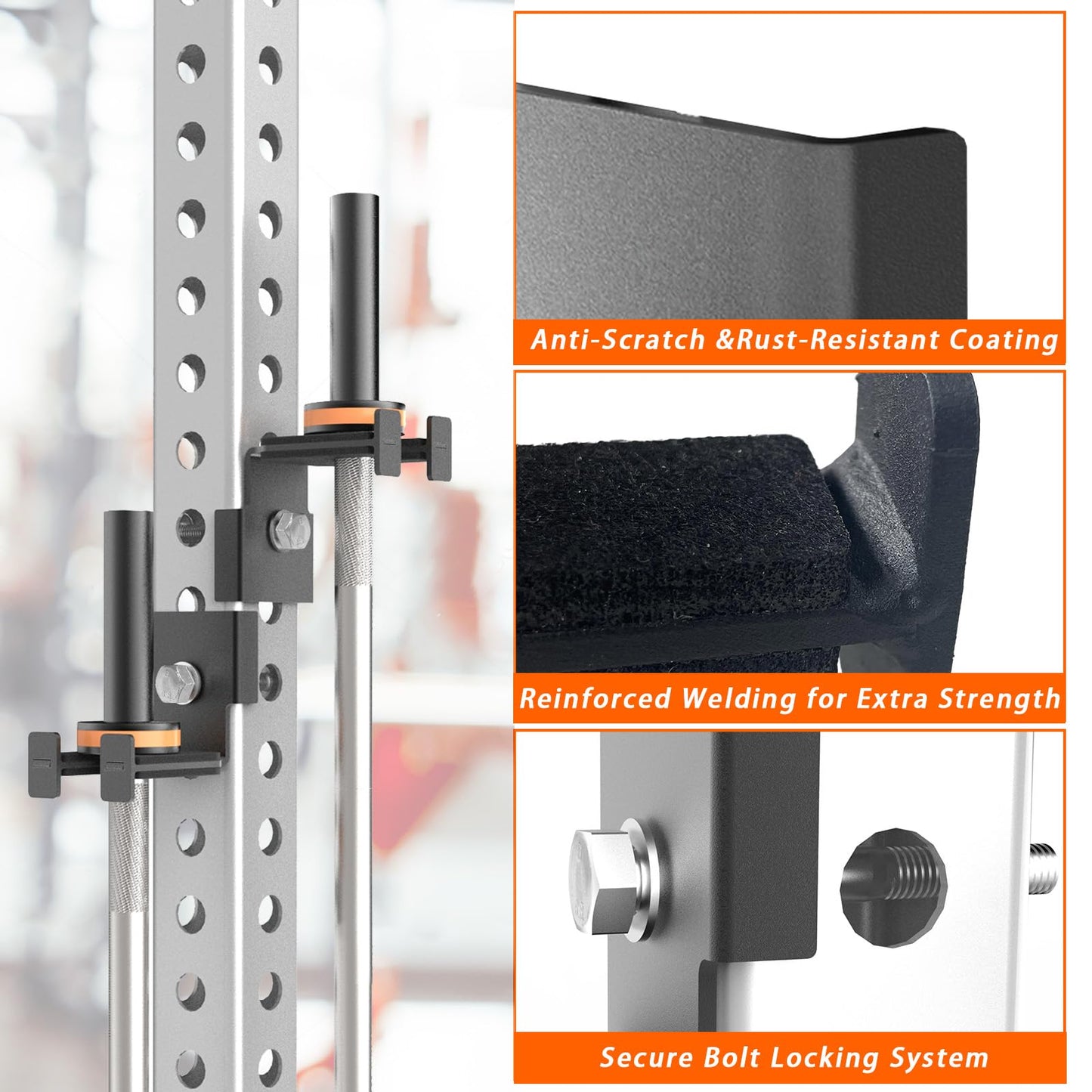 Heavy-Duty Steel Barbell Holder for 3x3 Inch Power Racksb No Drilling Required Fits 5/8’‘-1’’ Holes with Protective Rubber Padding Space-Saving Gym Storage Rack Secure Organizer for Olympic Bars