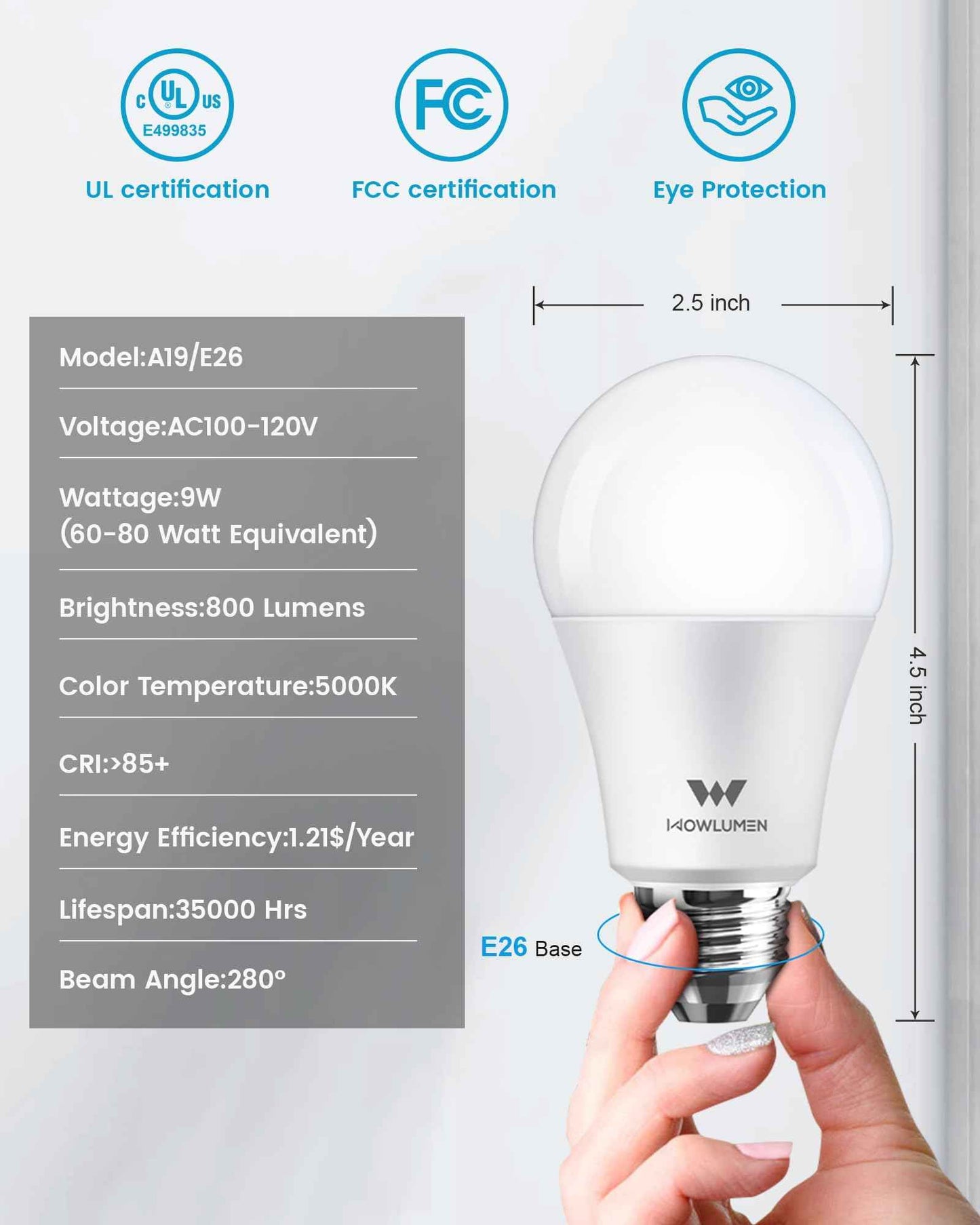 WOWLUMEN A19 LED Light Bulb,9W E26 Light Bulbs(60 Watt/80 Watt Equivalent),5000K Daylight,Non-Dimmable,800LM Standard Base for Bedroom, Kitchen, Living Room, Office,UL Listed,16 Packs