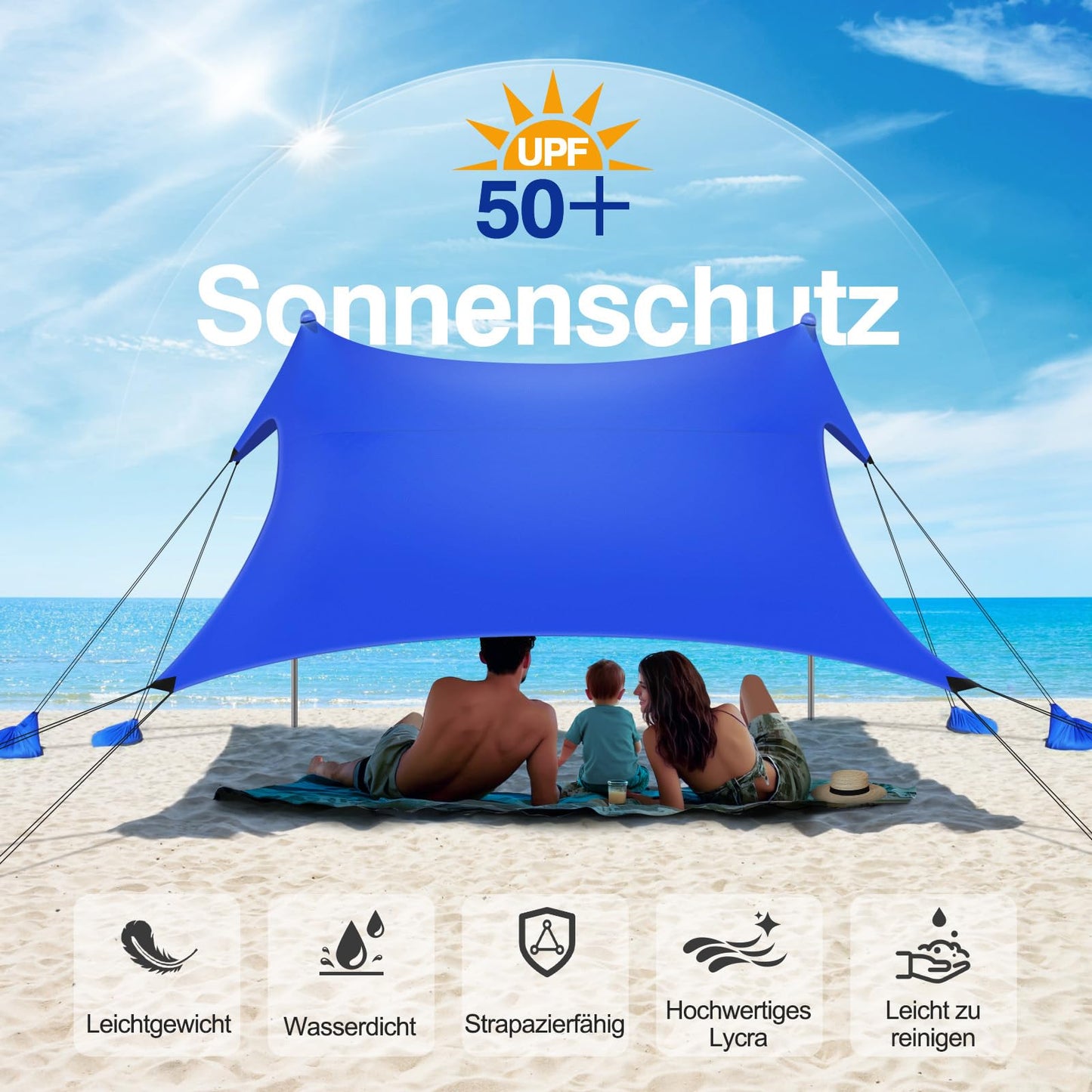 Rhino Valley Beach Tent, 10 x 10 FT Beach Shade UPF50+ Protection, Beach Canopy with 8 Sandbags 4 Stability Poles, Outdoor Beach Tent Sun Shelter Umbrella for Sand,Camping,Fishing Essentials,Dark Blue