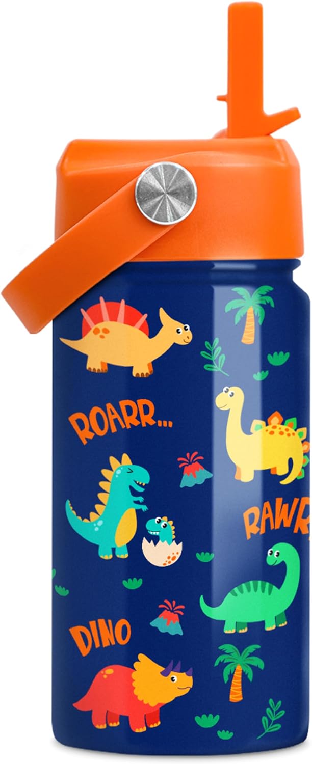 Skiennix Dinosaur Water Bottle - 12 Oz Insulated Stainless Steel with Straw Lid | Perfect for Kids' Sports & School