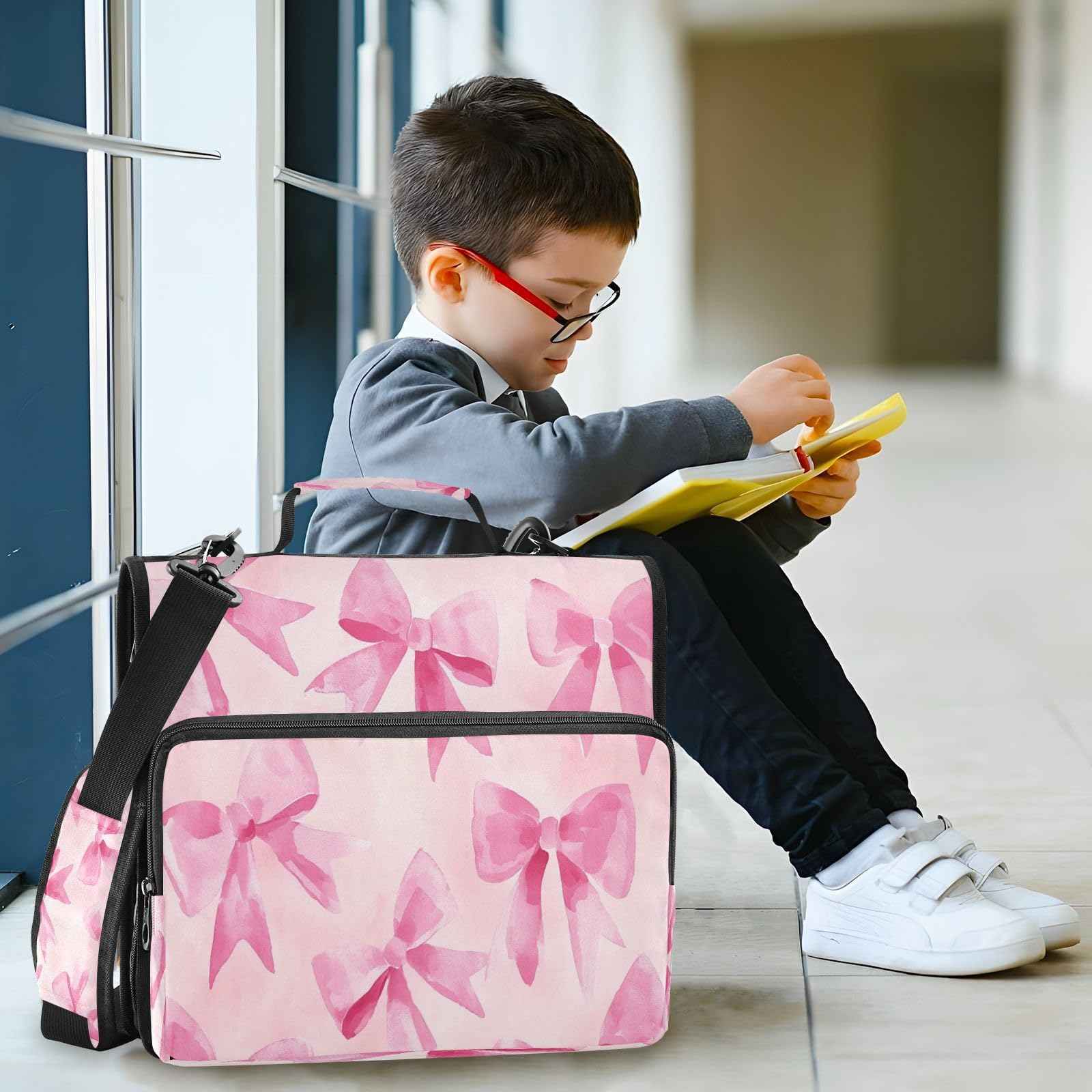 Blueangle Pink Bow Zipper Binder, 1.5-Inch 3-Ring Binder Bag Holds 500 Pages, Multi-Pocket Zipper Organizer with Adjustable Strap & Handle